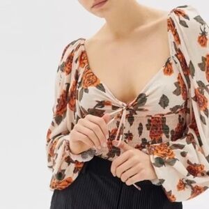 Urban Outfitters Old Soul Smocked Top w Bishop Sleeves in Earthy Fall Colors. S